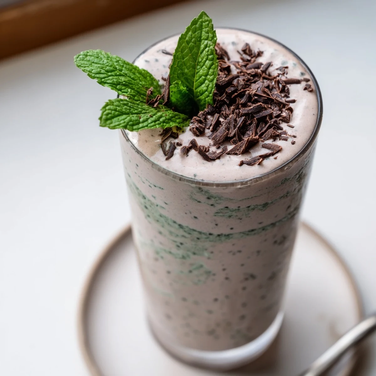 Peppermint Protein Shake Recipe: frosty minty green shake topped with dark chocolate shavings