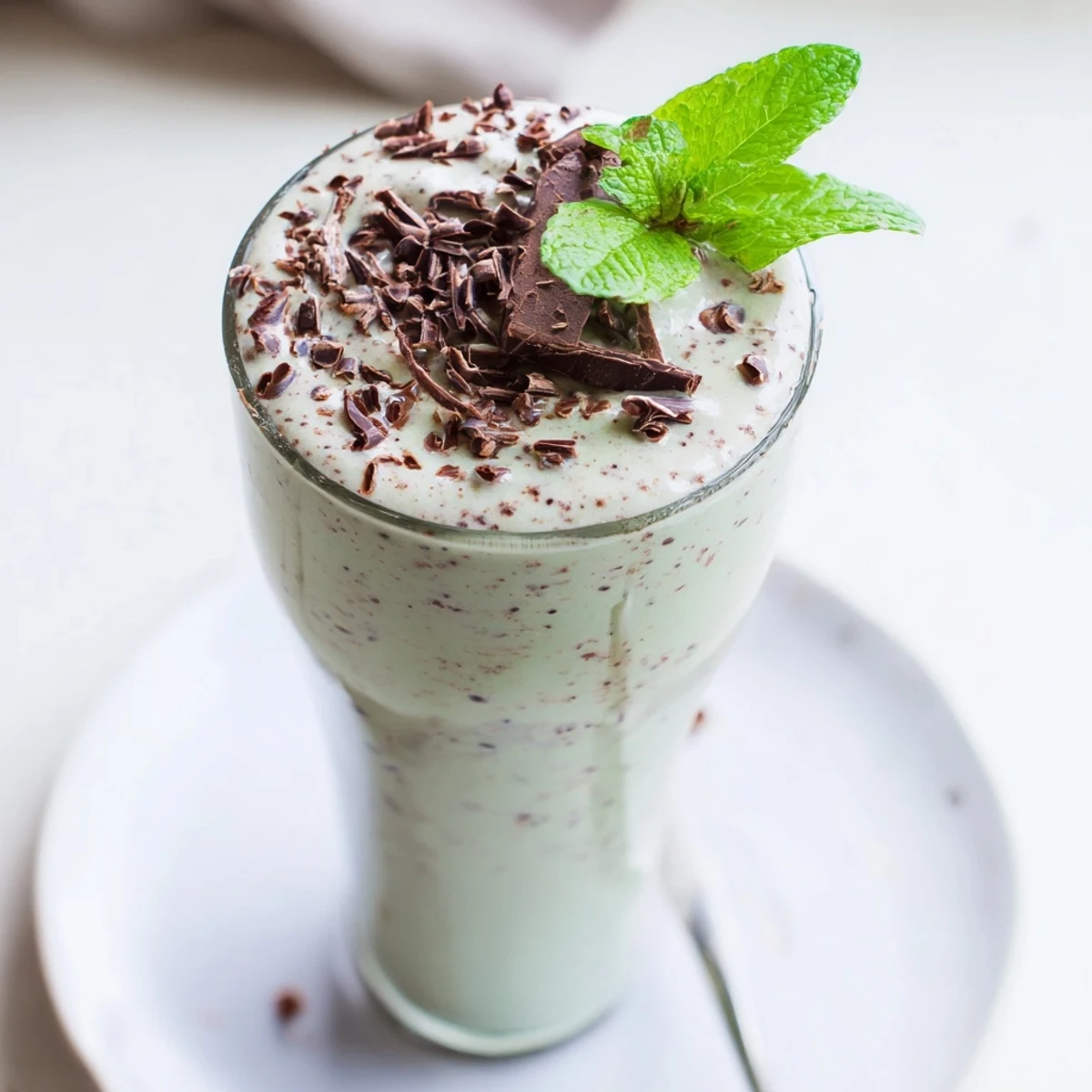 Glass of Peppermint Protein Shake Recipe against white counter, creamy, chilled