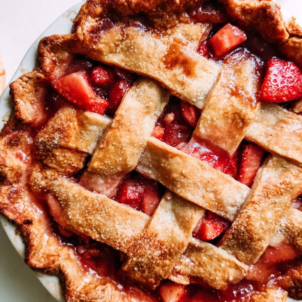 Gluten Free Strawberry Rhubarb Pie with bubbling glossy filling and golden crust