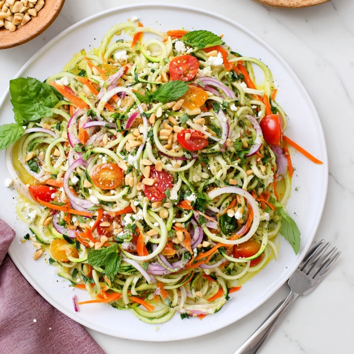 Colorful bowl of refreshing zucchini noodle salad with cherry tomatoes and bell peppers tossed in citrus dressing