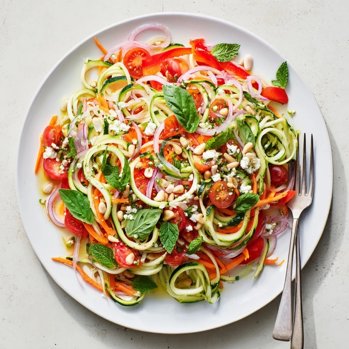 Light vegetarian spiralized zucchini noodle salad featuring crisp vegetables and zesty lemon lime dressing for summer lunches