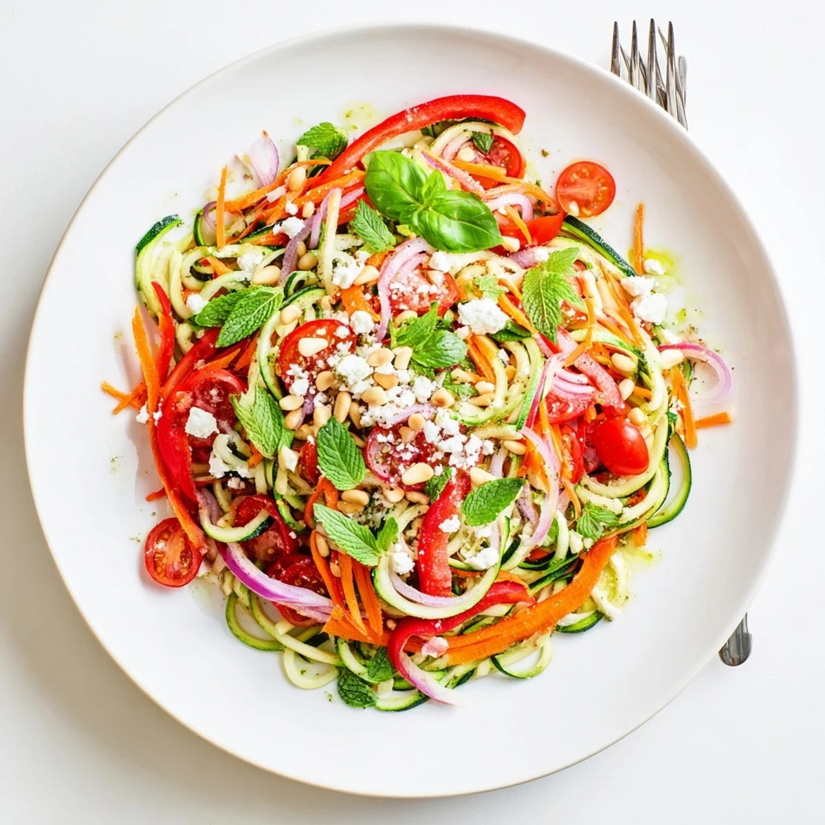 Vibrant gluten-free zucchini noodle salad delight topped with fresh herbs and crumbled feta cheese on a white plate