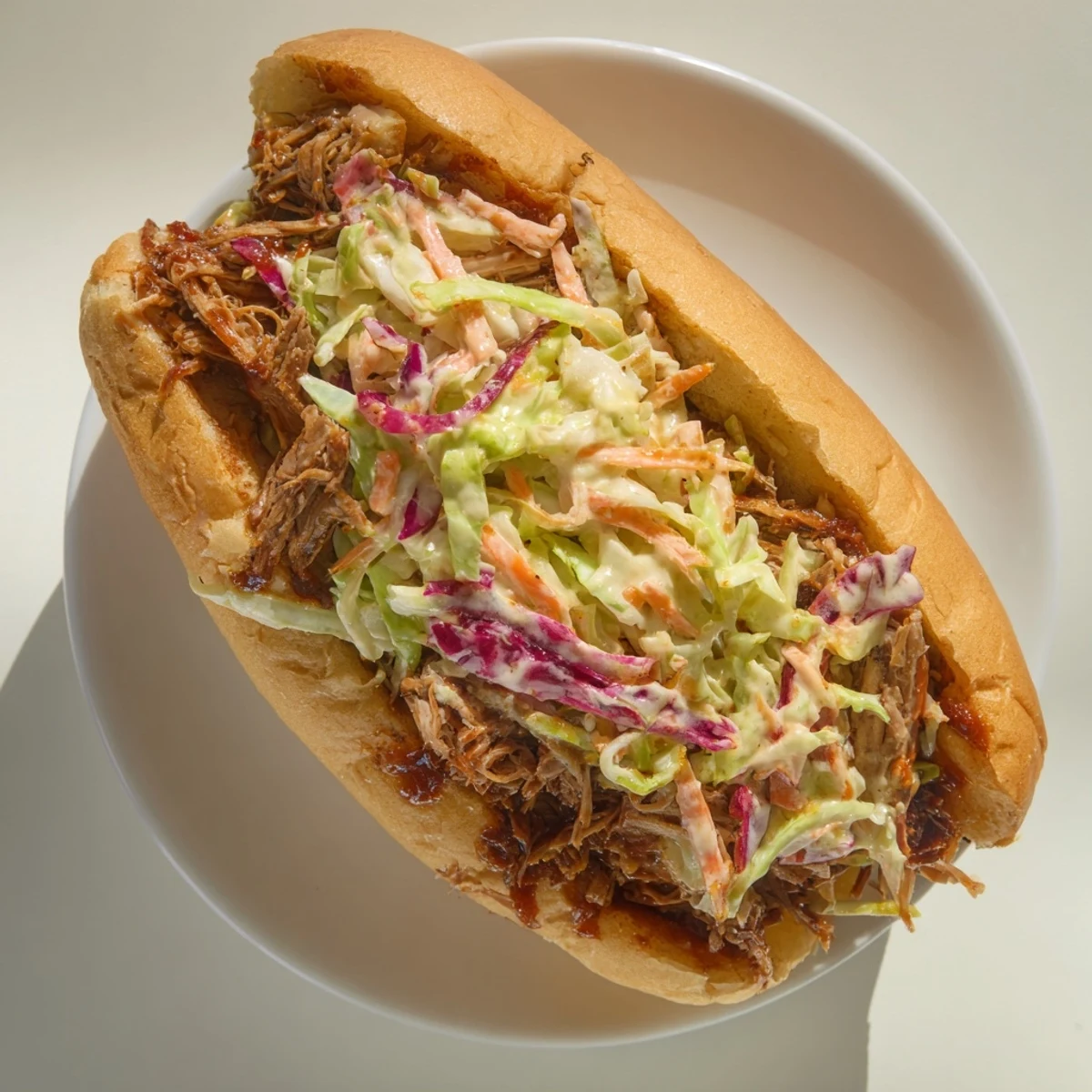 Golden smoky BBQ beef sandwich piled high with crisp colorful coleslaw on toasted bun