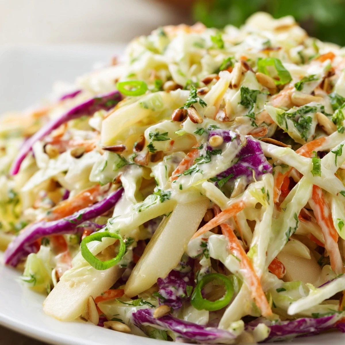Fresh apple coleslaw in a white bowl showcasing shredded cabbage, crunchy apples, and creamy tangy dressing