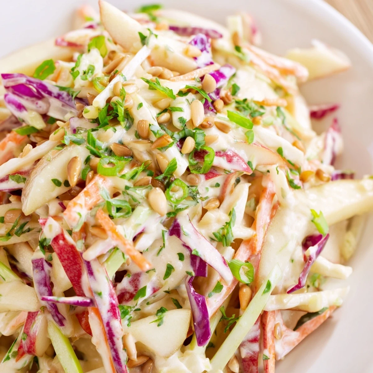 Rustic wooden serving board featuring apple coleslaw topped with parsley and optional sunflower seeds for a crunchy side dish
