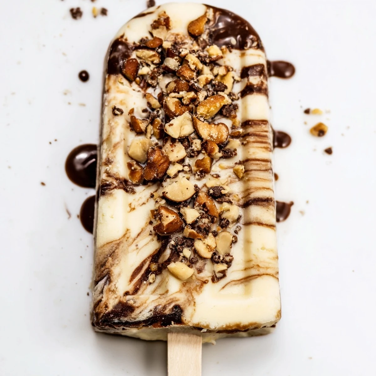 Creamy chocolate banana bliss popsicles with marbled dark chocolate swirls on wooden sticks