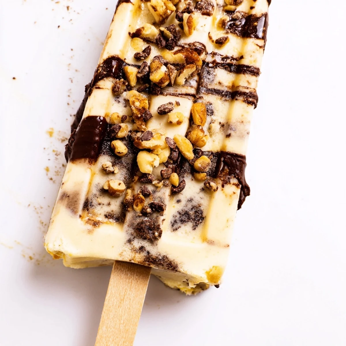 Rich Greek yogurt chocolate banana bliss popsicles showing beautiful chocolate marbling throughout