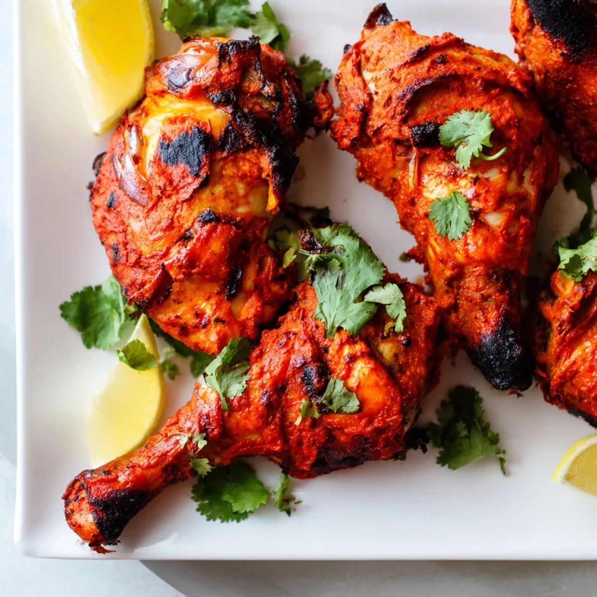 Tandoori chicken yogurt spice showcasing charred red chicken pieces garnished with fresh green cilantro leaves on a white platter