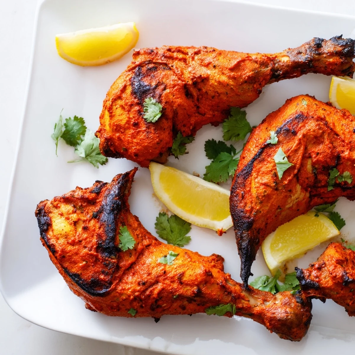 Succulent tandoori chicken pieces coated in spiced yogurt marinade roasted to smoky perfection with lemon wedges on the side