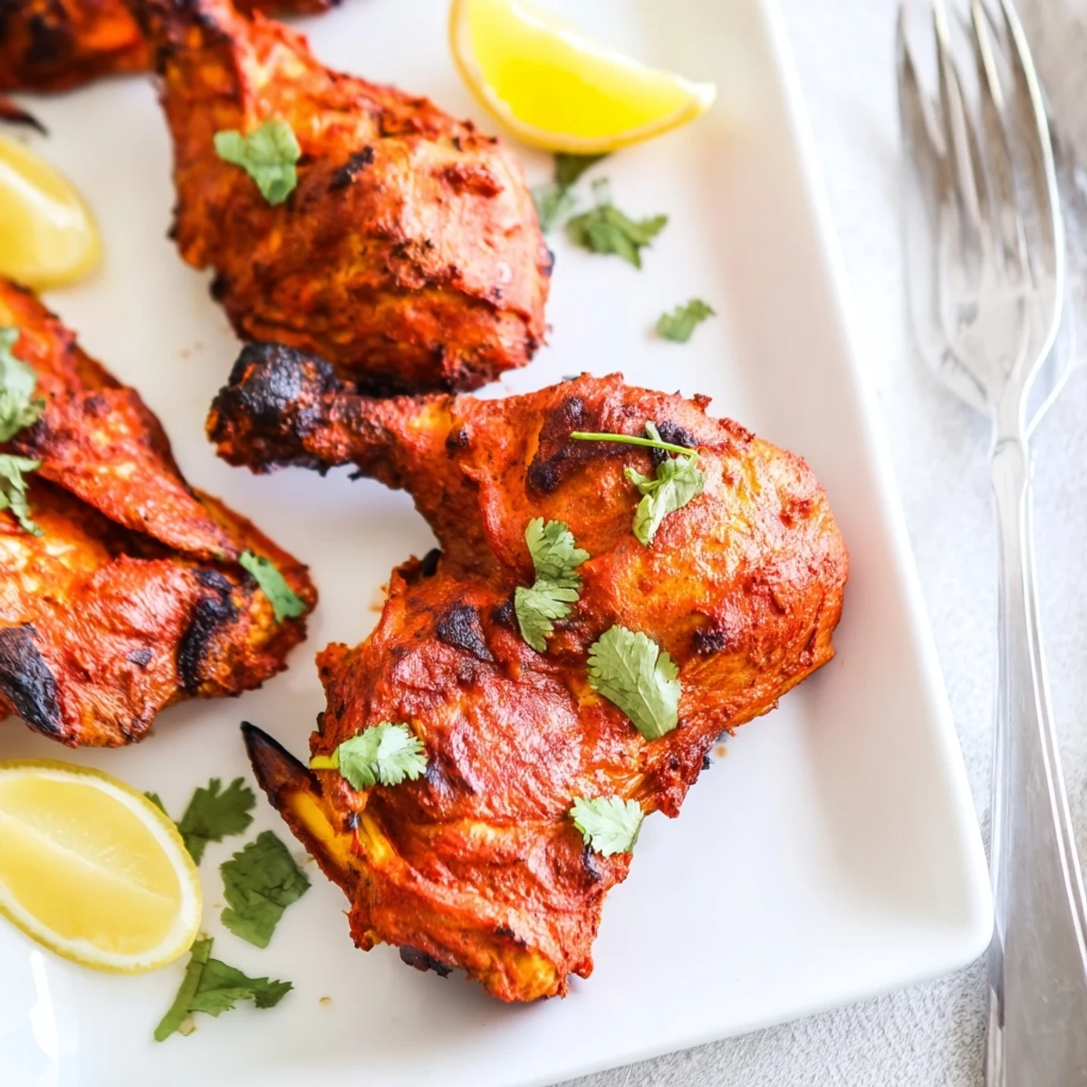 Golden red tandoori chicken arranged on a baking rack after roasting in aromatic yogurt and Indian spice blend