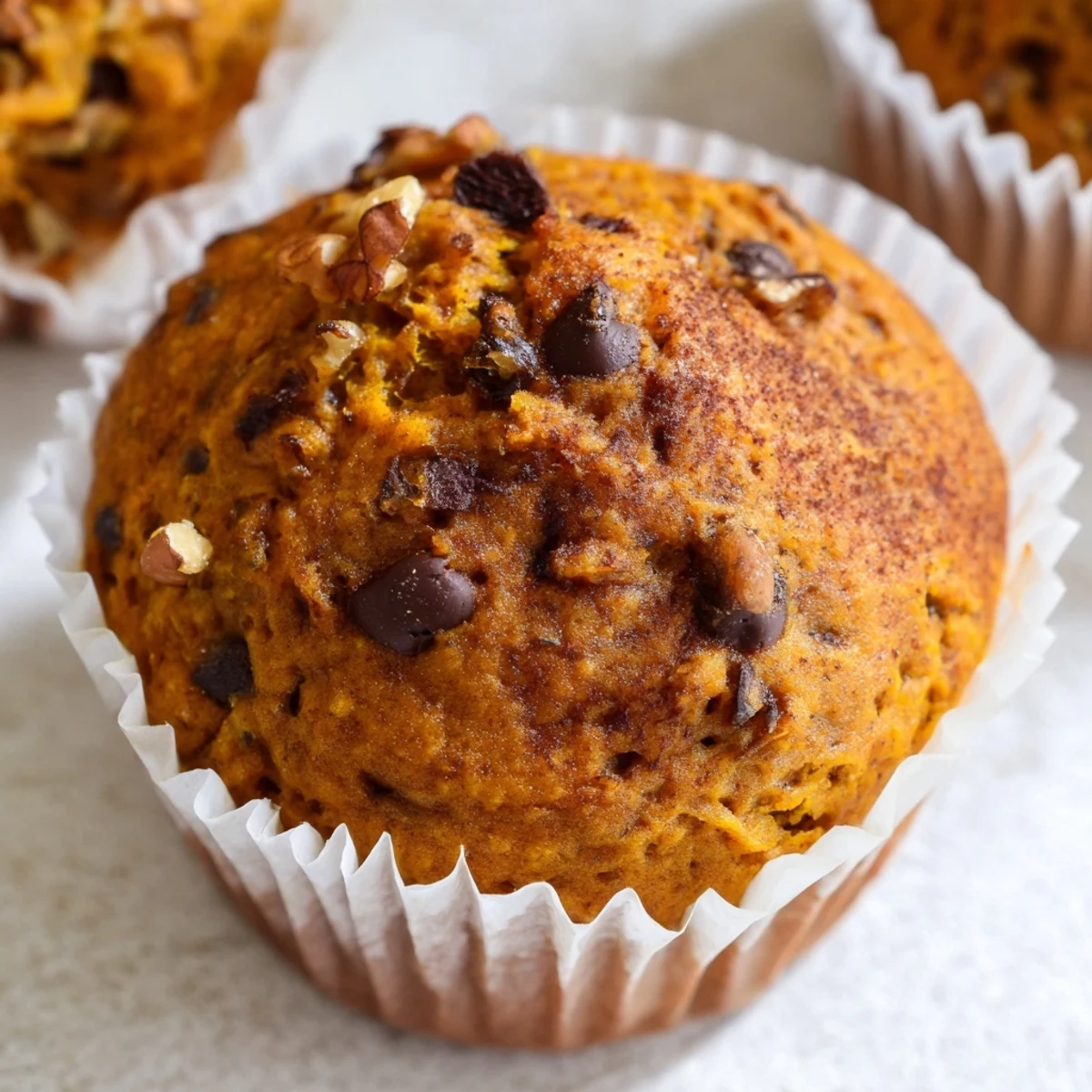 Golden butternut squash banana muffins topped with chopped walnuts on a wire cooling rack