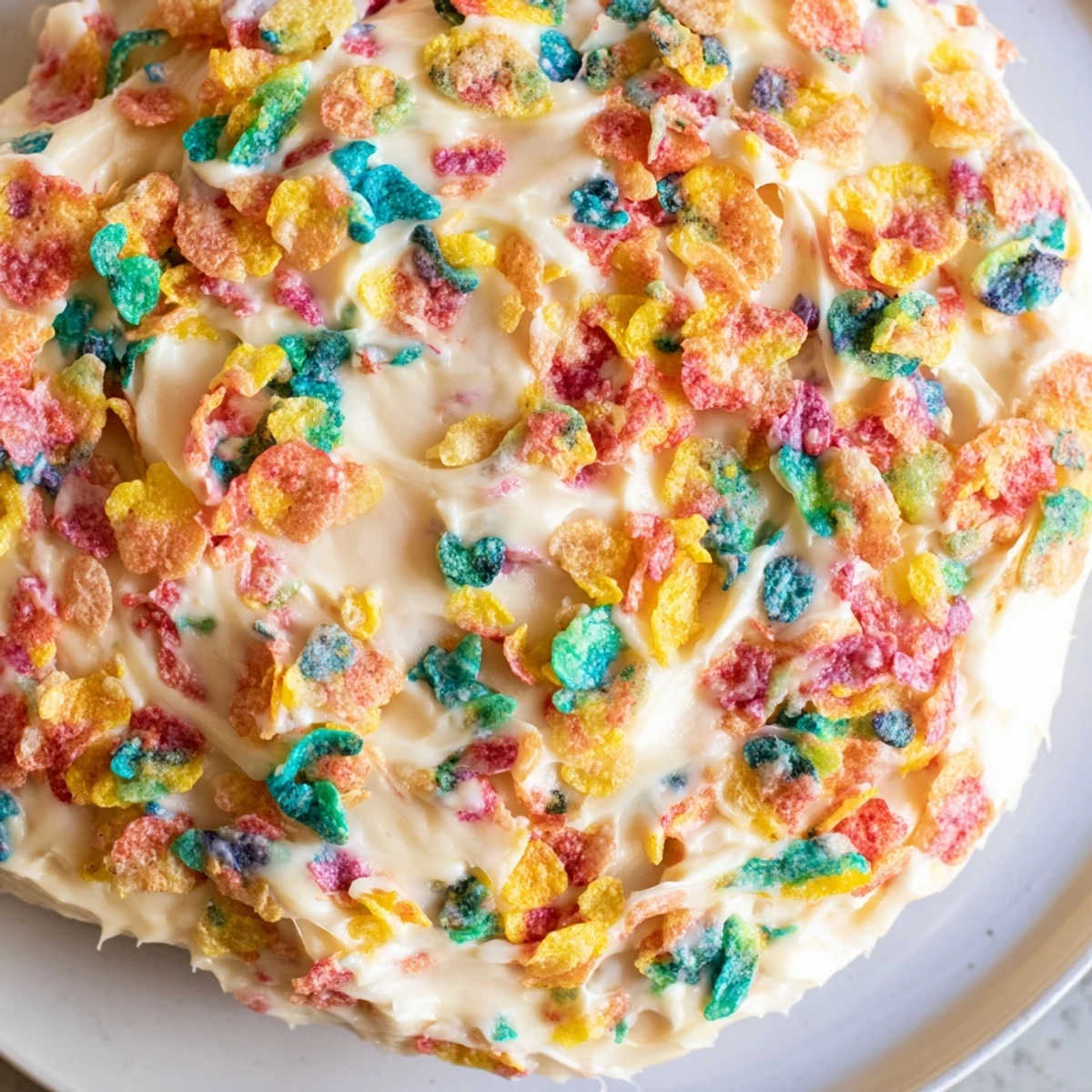 Fruity Pebbles cereal frosting piped onto chocolate cupcakes with colorful cereal garnish