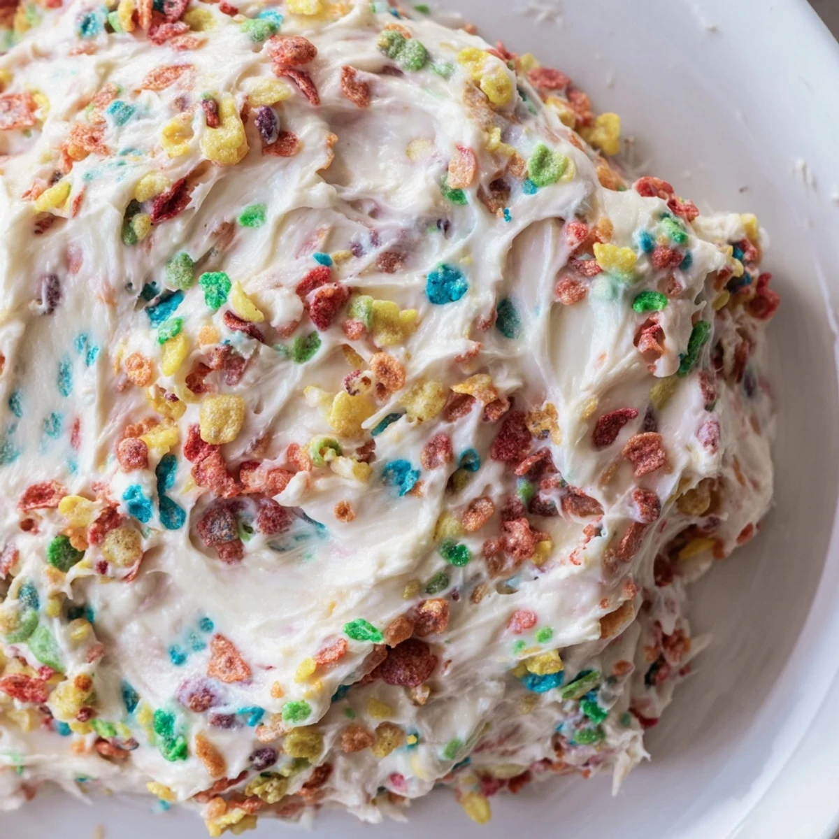 Close up of Fruity Pebbles frosting being spread on cake with bright red yellow and green cereal pieces