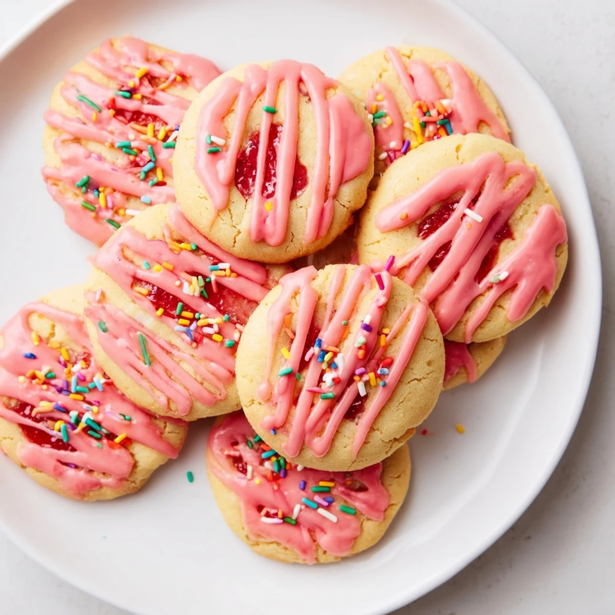 Freshly baked Strawberry Pop Tart Cookies drizzled with pink glaze and topped with colorful sprinkles on a white plate