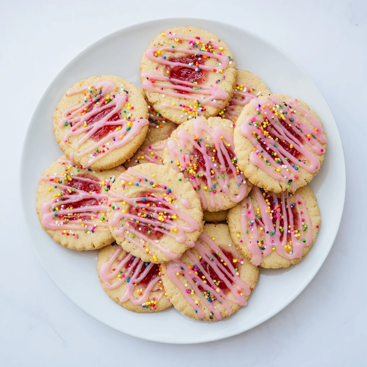 Soft buttery Strawberry Pop Tart Cookies oozing with sweet strawberry jam center and finished with vanilla glaze