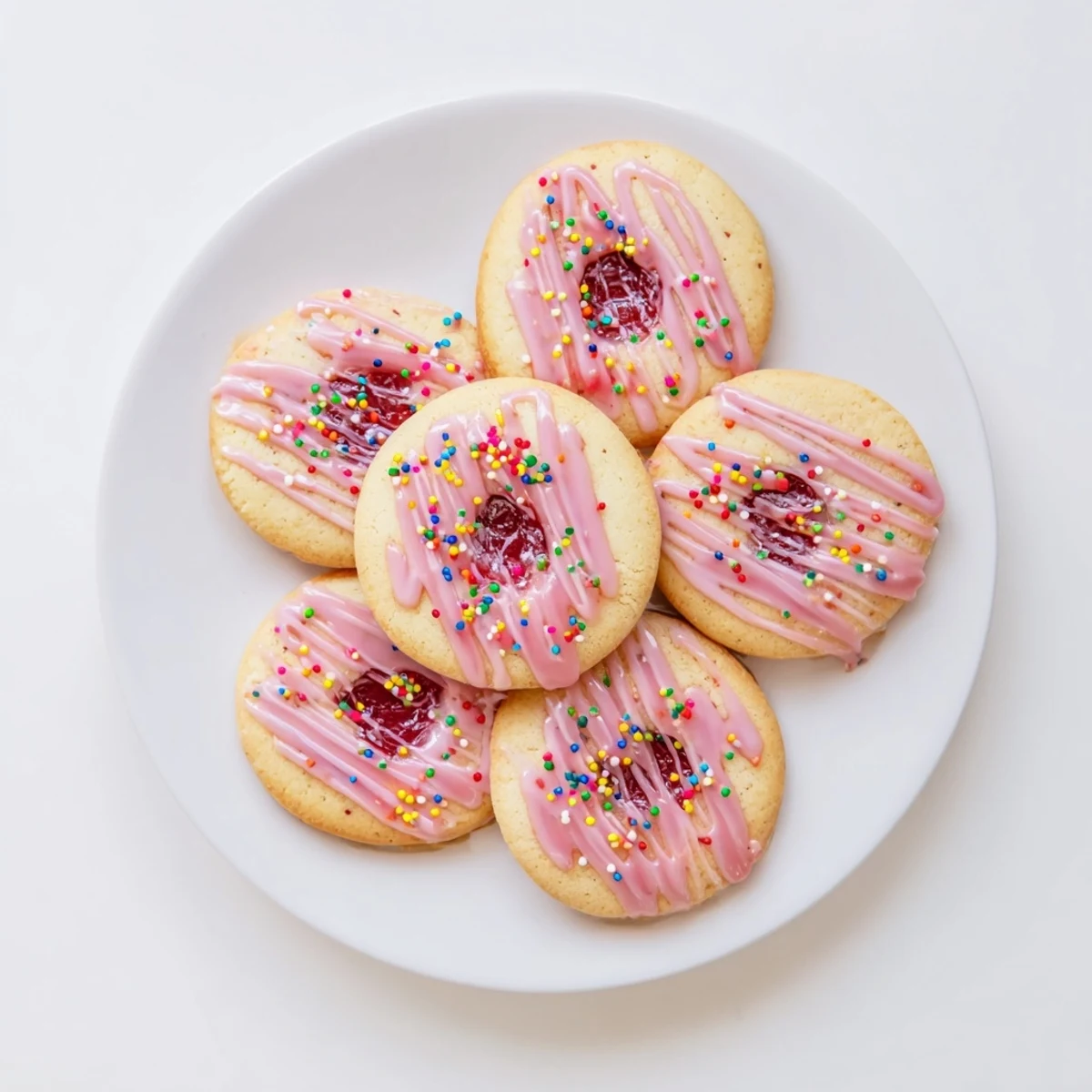 Homemade Strawberry Pop Tart Cookies arranged on a cooling rack with glossy pink frosting and rainbow sprinkles
