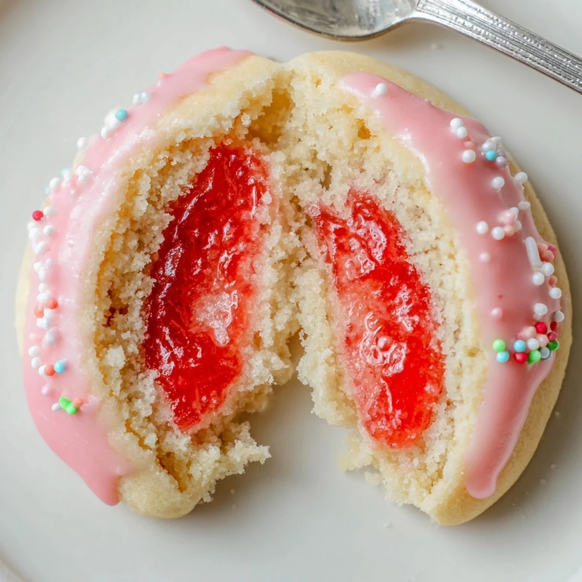 Strawberry Pop Tart Cookies with glossy pink glaze and rainbow sprinkles