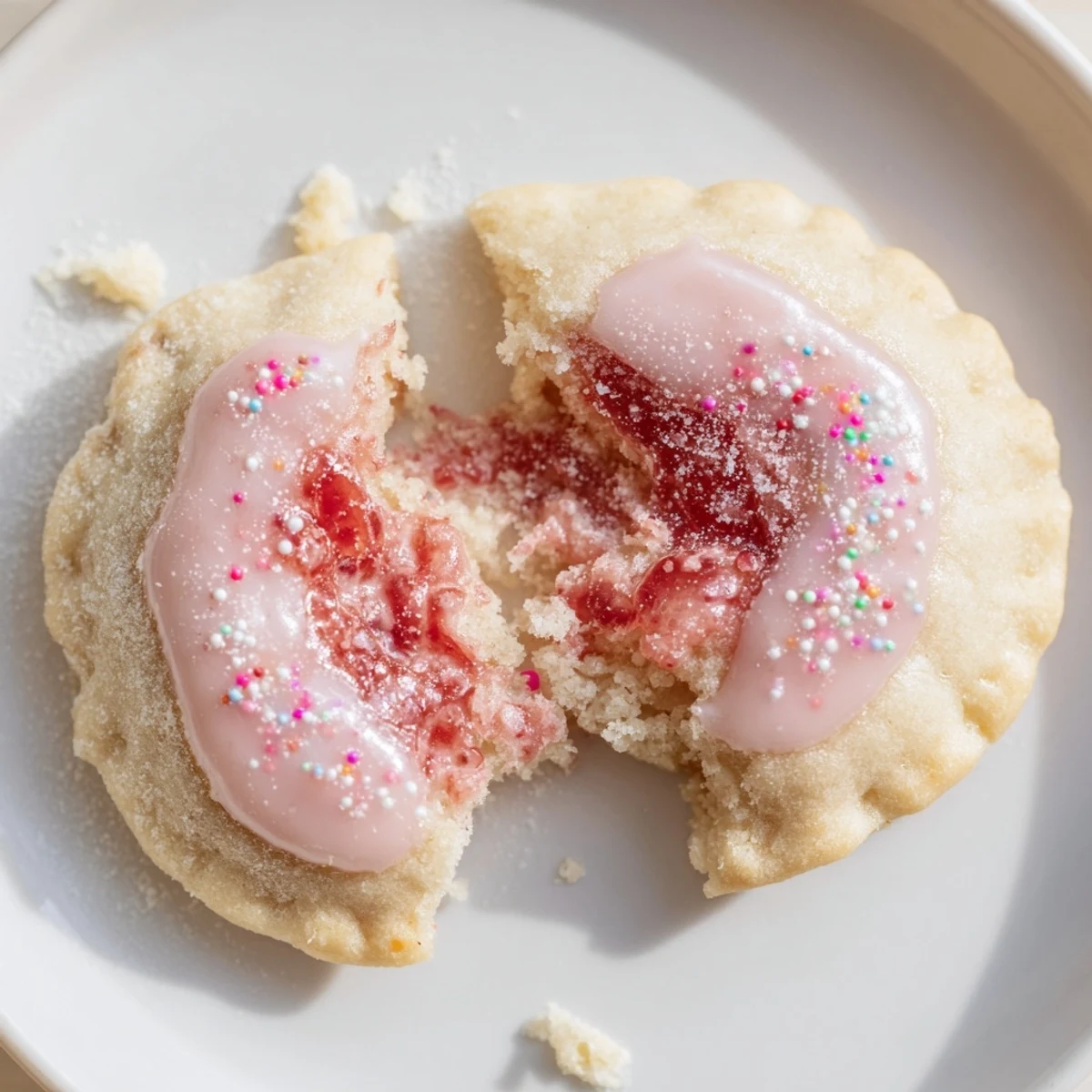 Plated Strawberry Pop Tart Cookies, buttery sugar cookie base, bright strawberry jam
