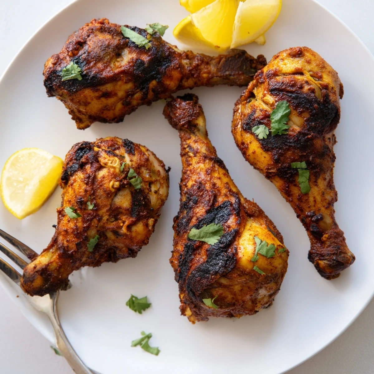 Tandoori Chicken sizzling with charred edges, garnished with cilantro and lemon