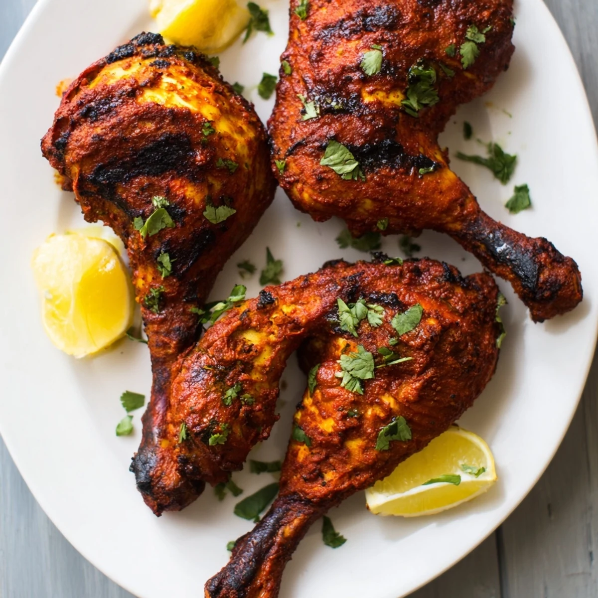 Smoky aroma rises from Tandoori Chicken roasting on hot grill, served with naan
