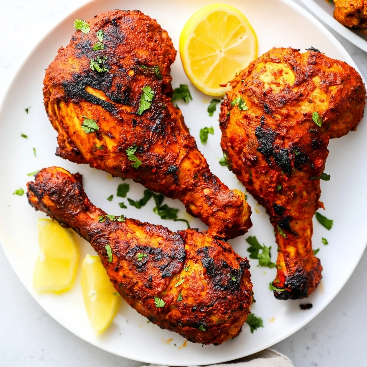 Juicy Tandoori Chicken marinated in yogurt and spices, served with lemon wedges
