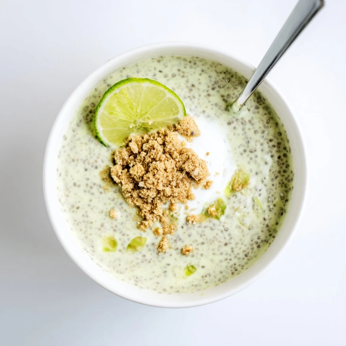 Key Lime Chia Pudding chilled in glass, creamy tang, coconut yogurt topping