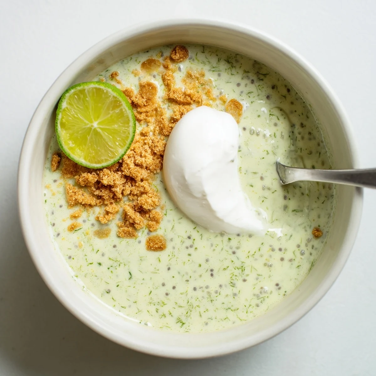 Vegan Key Lime Chia Pudding spooned into bowls, tangy, silky, coconut aroma