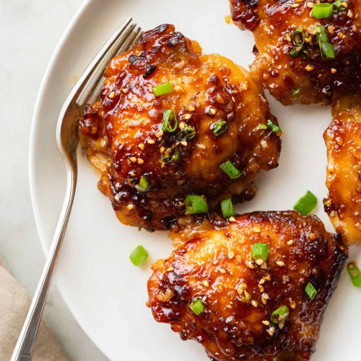 Crispy sweet chili air fryer chicken thighs glazed in sticky sauce on a white plate