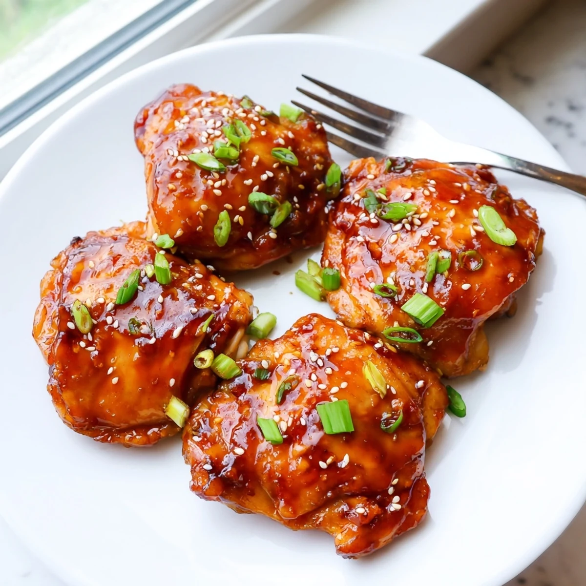 Golden sweet chili air fryer chicken thighs garnished with sesame seeds and sliced green onions