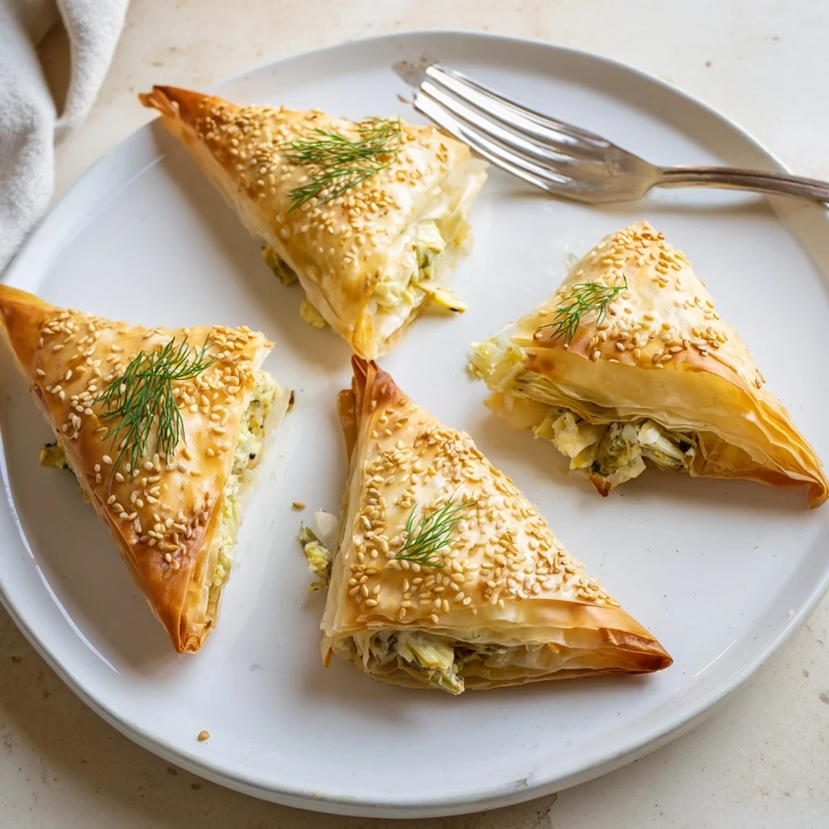 Crispy artichoke and Graviera filo puffs with melted cheese filling drizzled with tzatziki dip