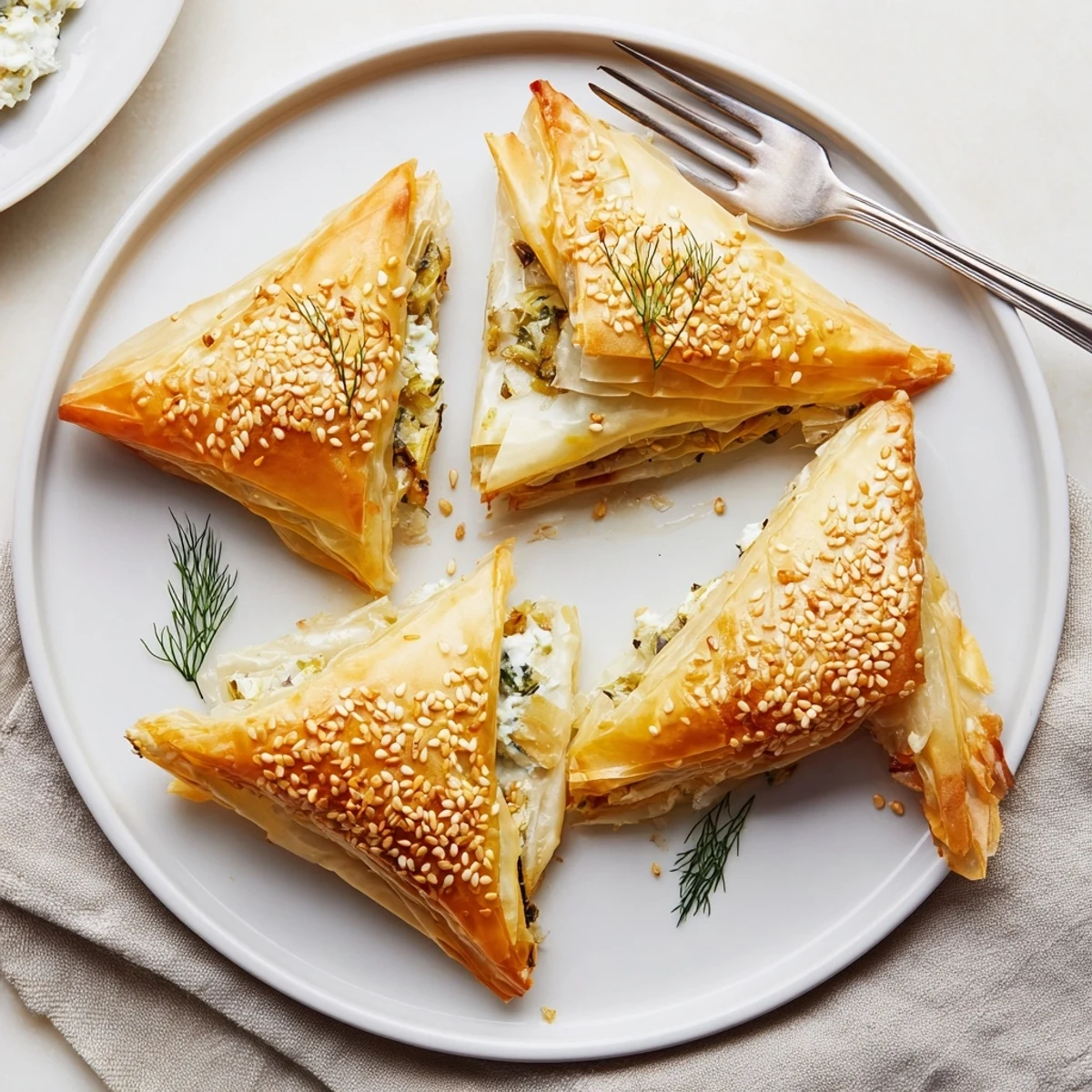 Flaky artichoke and Graviera filo puffs arranged on parchment sprinkled with toasted sesame seeds