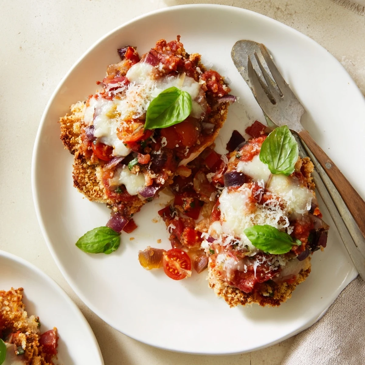 Golden bubbling chicken bruschetta casserole with melted mozzarella and crispy bread crumb topping