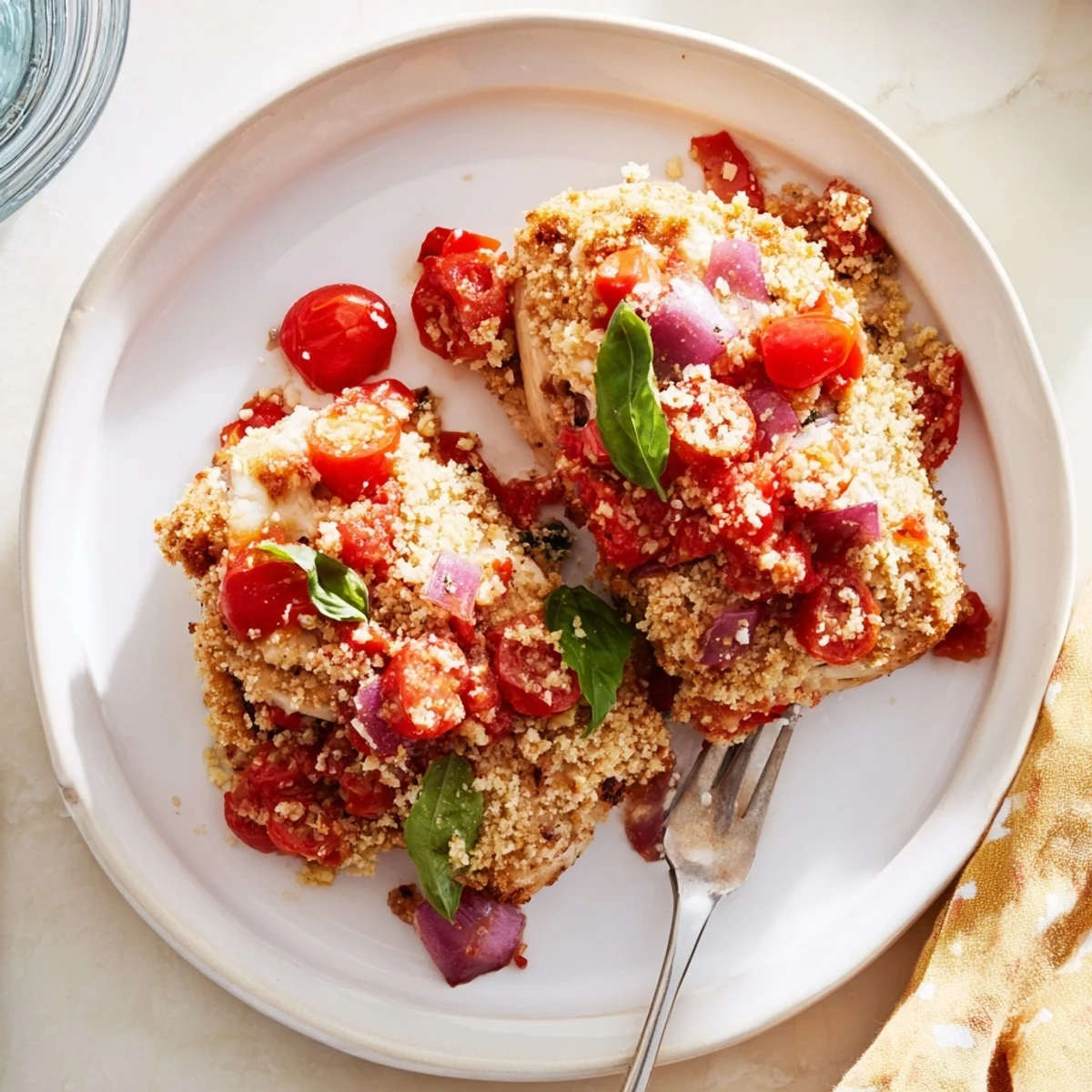 Juicy chicken bruschetta casserole topped with fresh tomatoes basil and gooey melted cheese