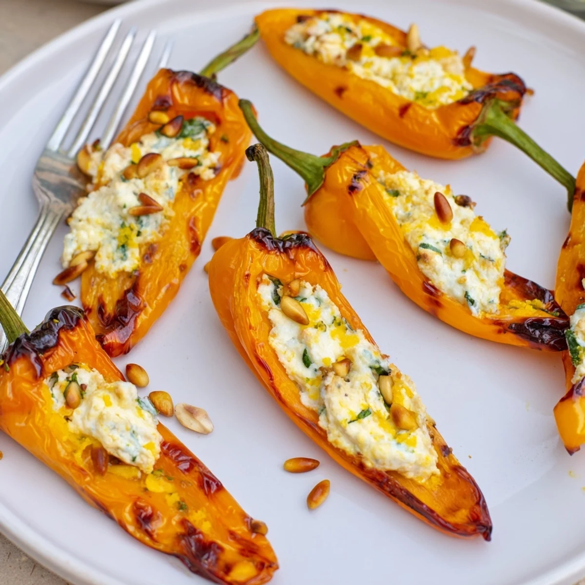 Golden roasted goat cheese stuffed mini peppers garnished with toasted pine nuts on a rustic platter