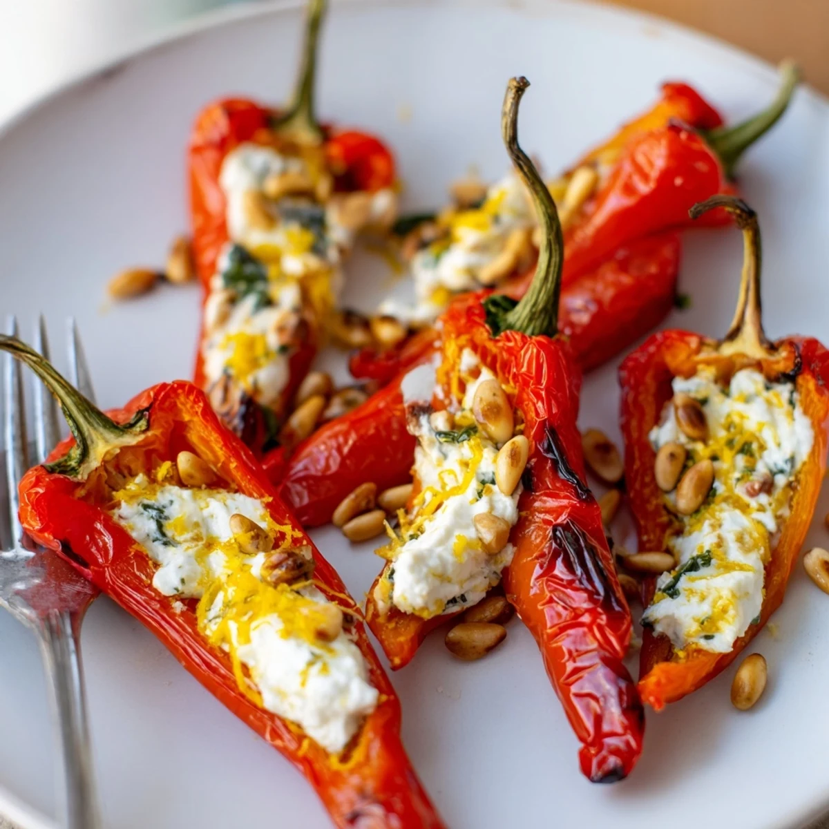 Creamy herb-filled goat cheese stuffed mini peppers roasted until tender and lightly browned
