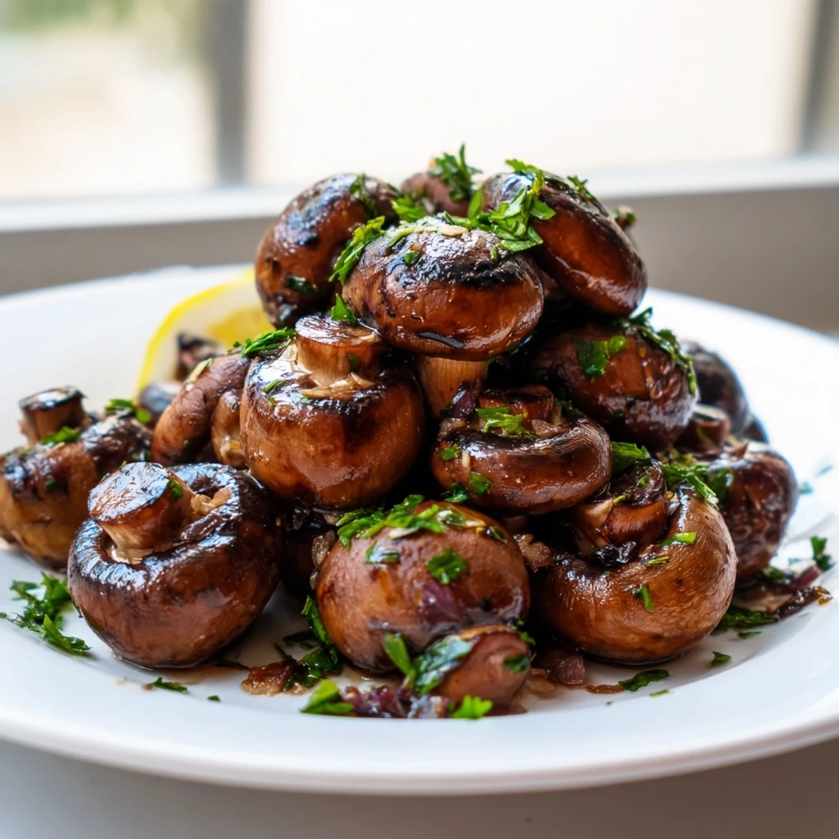 Golden sautéed grilled garlic mushrooms glistening with butter and fresh parsley