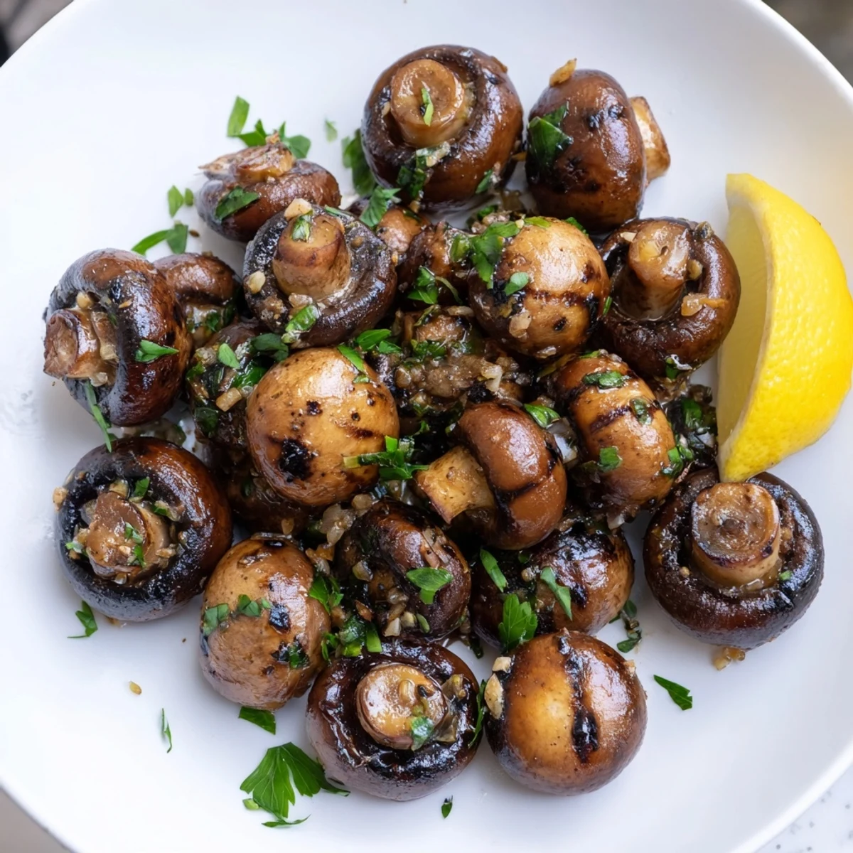 Smoky grilled garlic mushrooms in a cast iron skillet with herbs