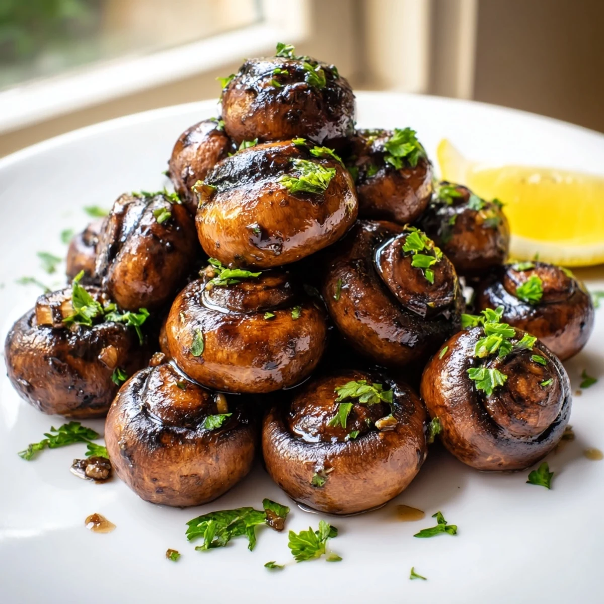 Sizzling garlic mushrooms charred on the grill and finished with parsley