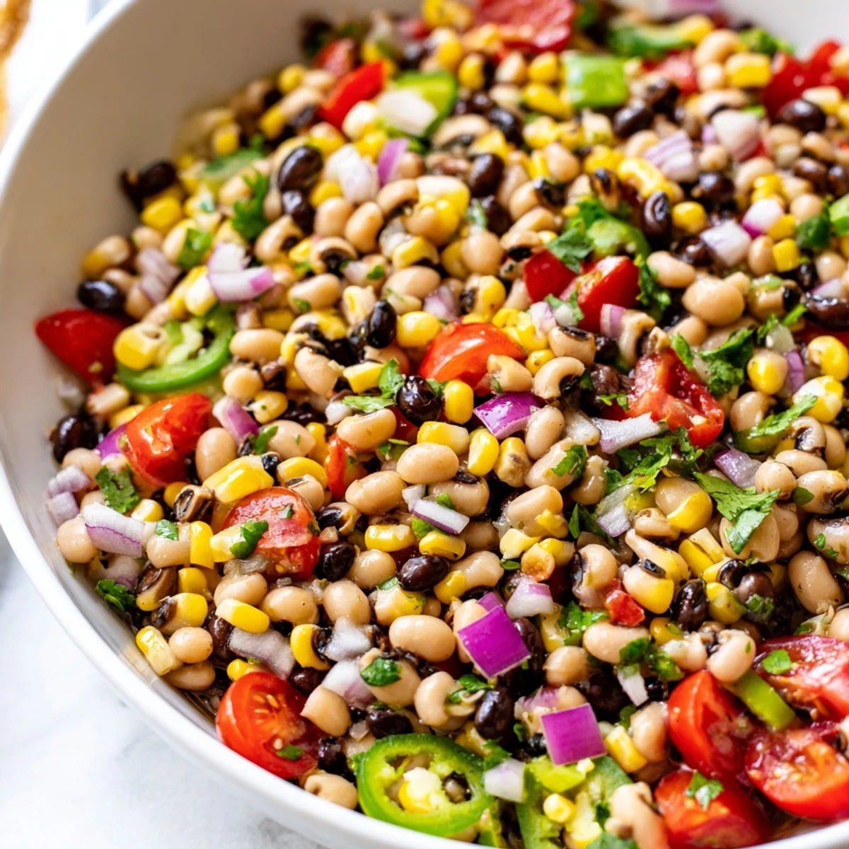 Cowboy Caviar served with golden tortilla chips showcasing vibrant diced tomatoes and corn
