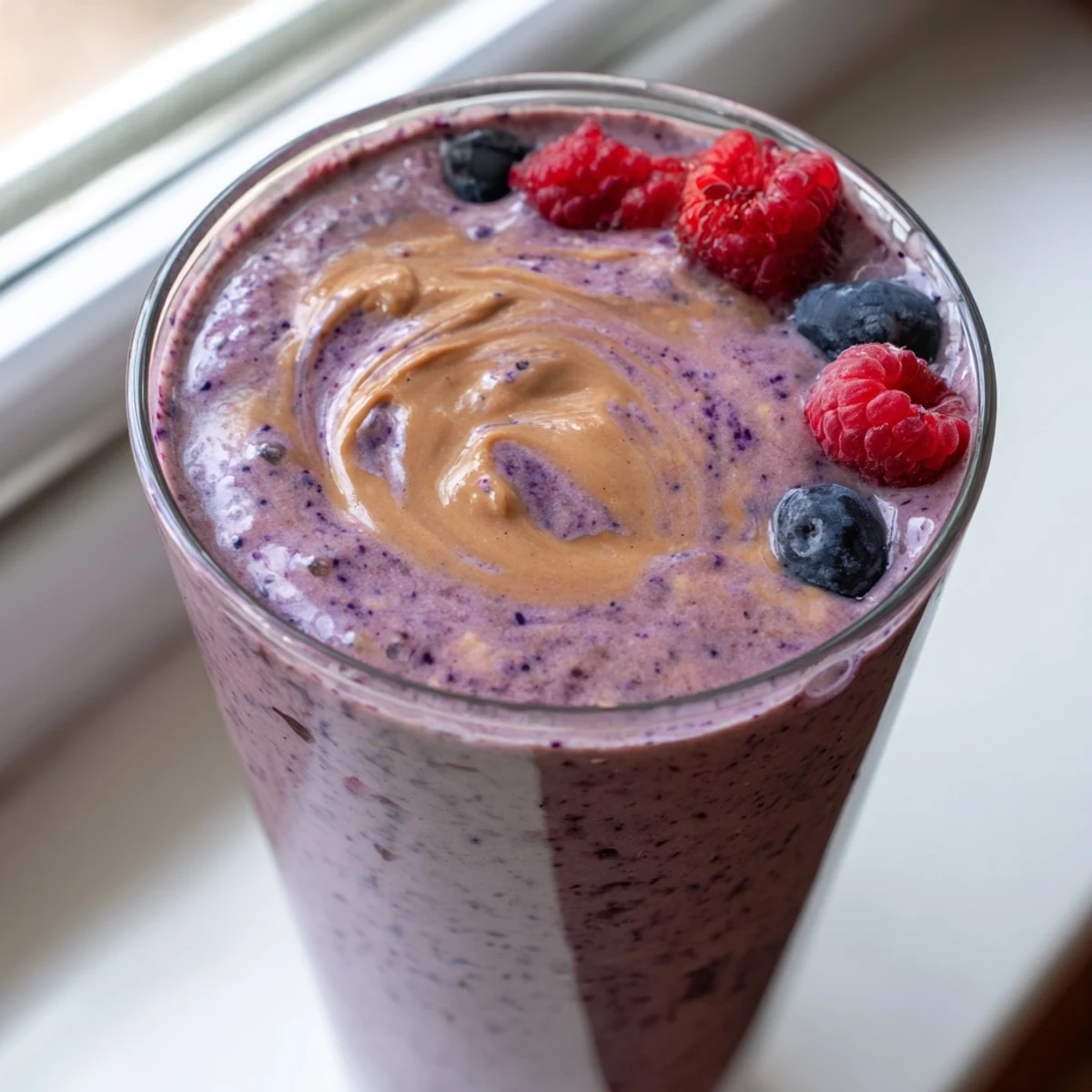 Creamy peanut butter berry smoothie topped with fresh strawberries and blueberries