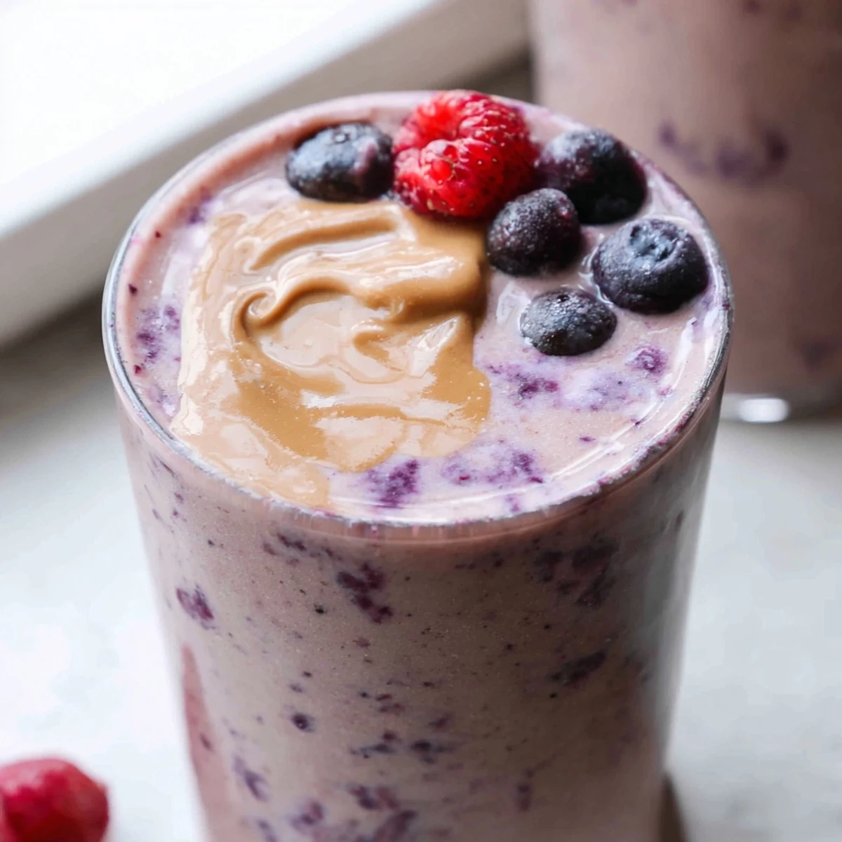 Thick purple peanut butter berry smoothie poured into a glass jar