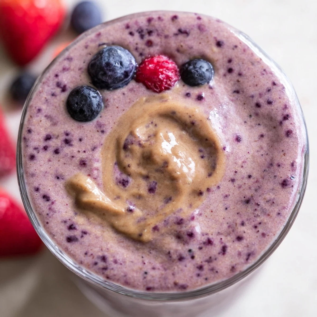 Rich peanut butter berry smoothie swirled with Greek yogurt and ripe banana