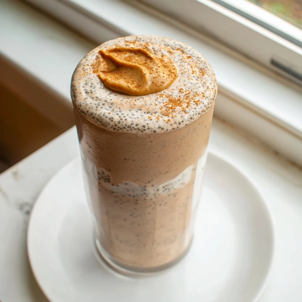 Creamy banana protein coffee smoothie topped with chia seeds beside a spoon on a marble counter