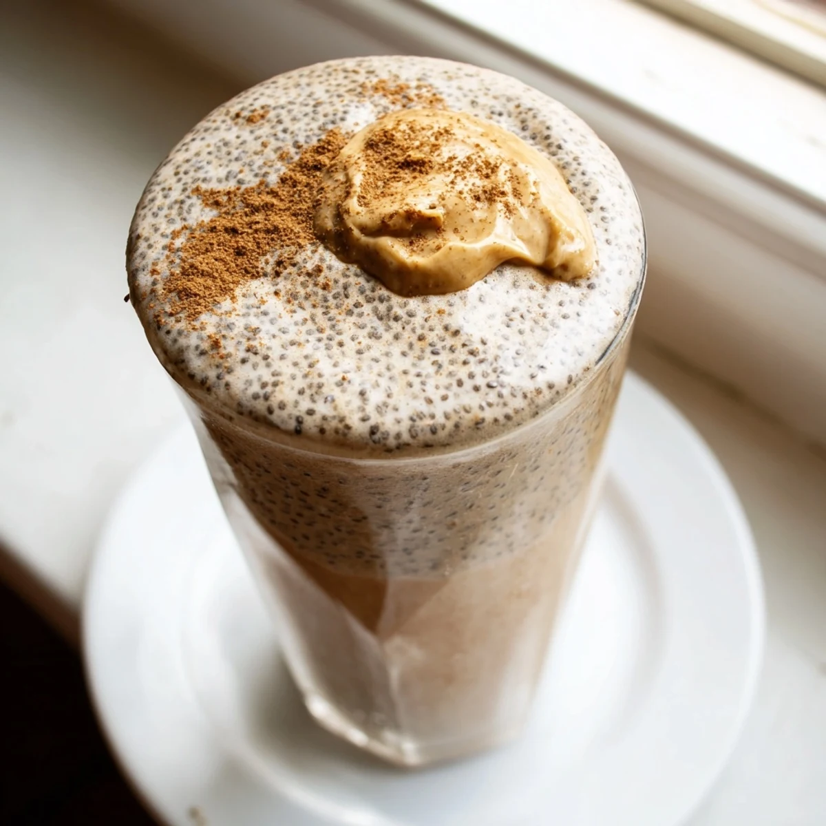 Frothy banana protein coffee smoothie poured into a tall glass with cinnamon dusted on top