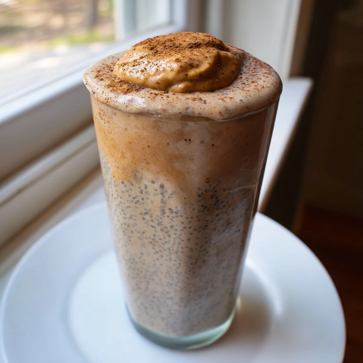 Thick banana protein coffee smoothie in a mason jar garnished with a banana slice and espresso drizzle