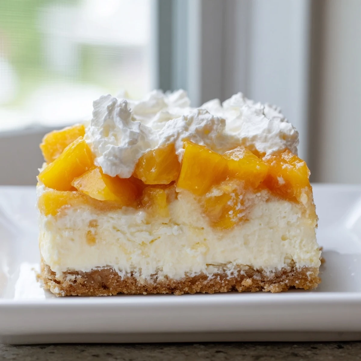 Creamy peaches and cream cheesecake bars with golden graham crust on rustic parchment paper