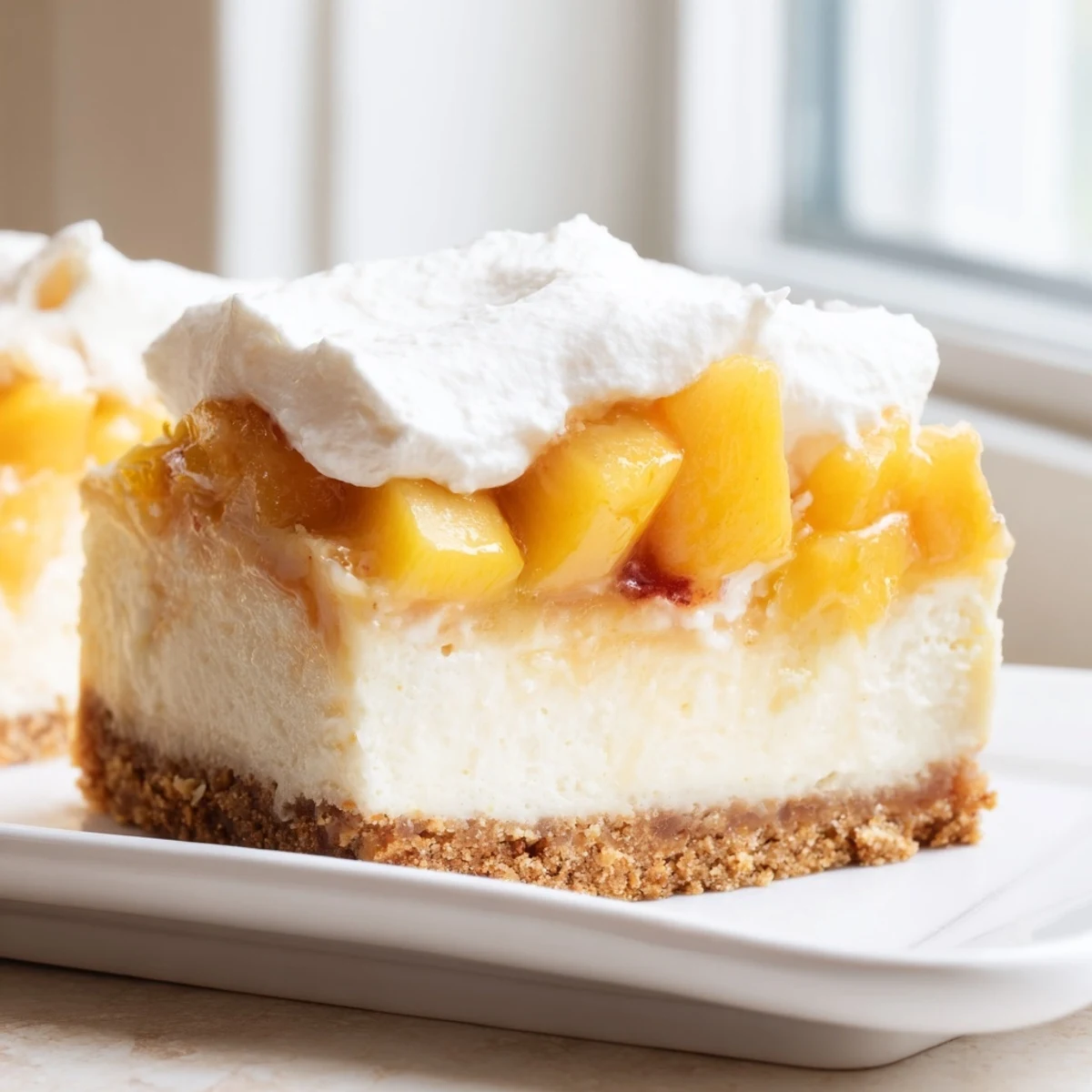 Juicy peach slices crown these luscious peaches and cream cheesecake bars with whipped dollops