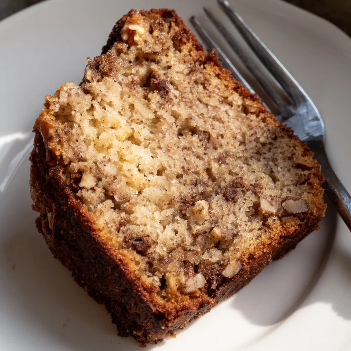 A moist banana cake slice topped with creamy frosting on a rustic plate