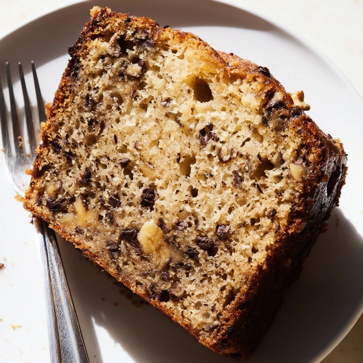Warm banana cake served on a porcelain plate beside a steaming coffee mug