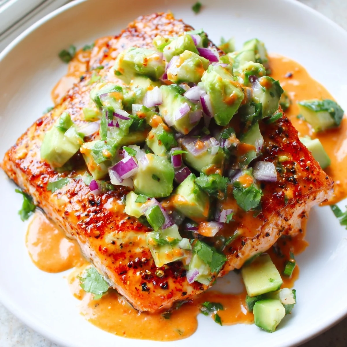 Crispy baked Bang Bang Salmon topped with cool avocado cucumber salsa on a white plate